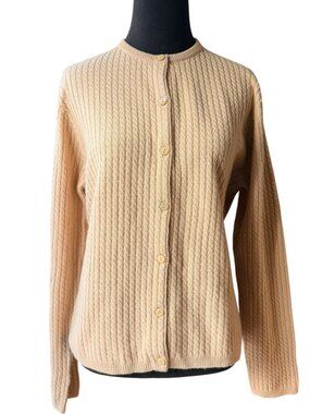 Neiman Marcus 100% Cashmere Cable Knit Cardigan XL Camel Tan Pearl Buttons NWOT